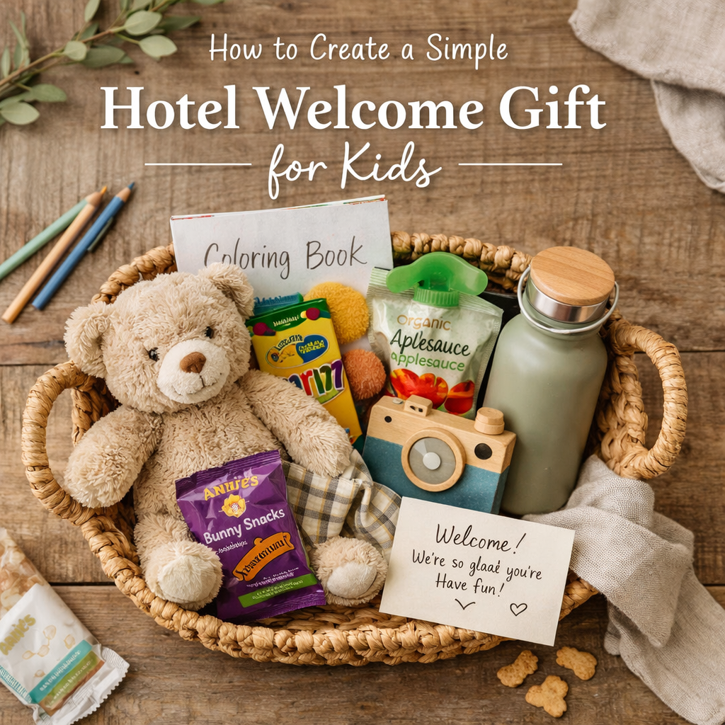 gift basket for kids, with a teddy bear, applesauce packet, water bottle, wood toy, coloring book and crayons along with annie's snack.