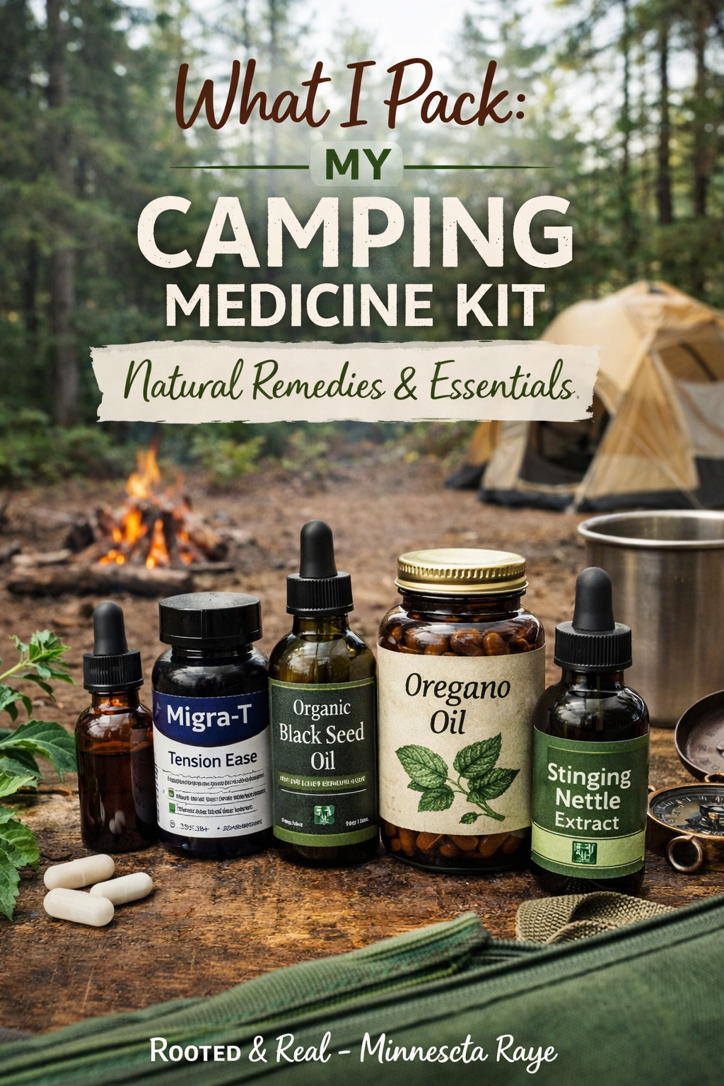 forest with tent in background and line up of herbal medicine in the front.