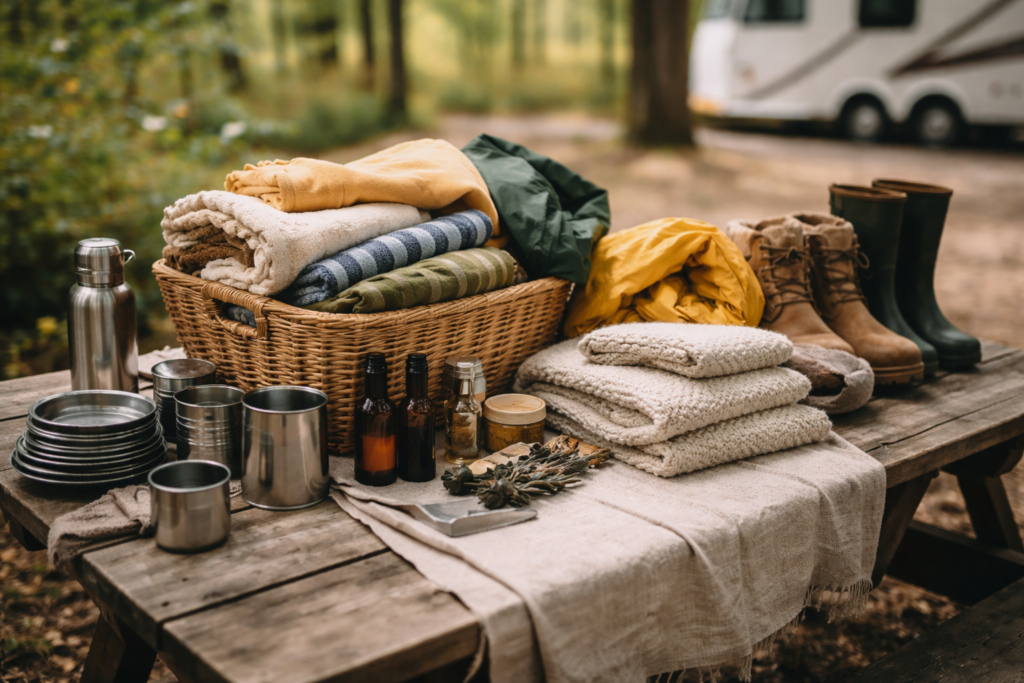 camping reset for slowing living. basket of blankets, stainless steel kitchenware, herbal medicine and boots and rain gear.